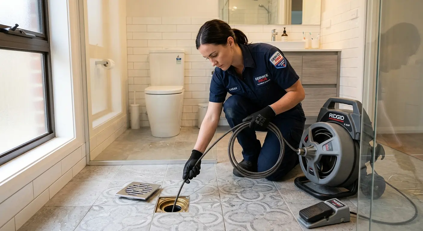 Technician clearing a bathroom floor drain for Sewer Line Installation in Moon